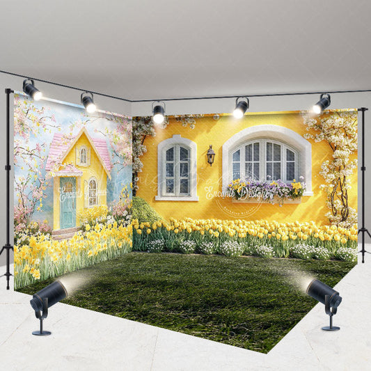 Lofaris Spring Bright Yellow House Floral Room Set Backdrop