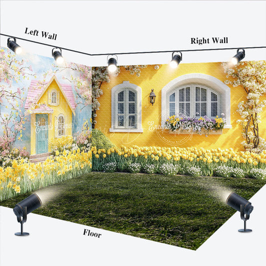 Lofaris Spring Bright Yellow House Floral Room Set Backdrop