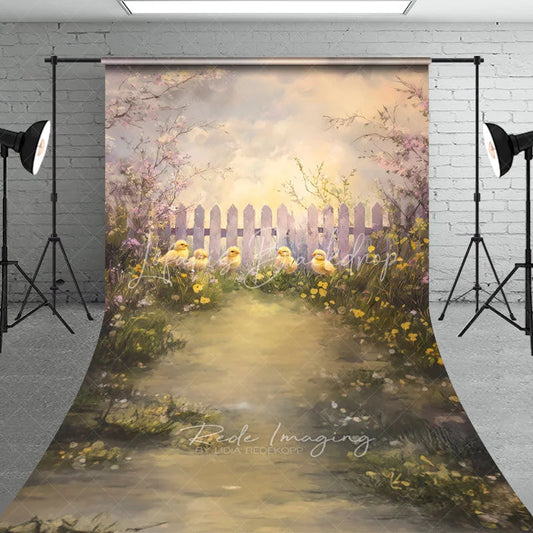 Lofaris Spring Chicks and White Fence Backdrop Artistic Oil Painting Floral Garden Easter Newborn Photography