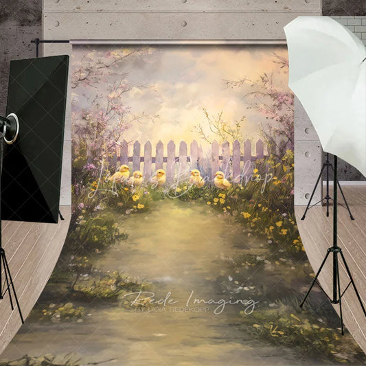 Lofaris Spring Chicks and White Fence Backdrop Artistic Oil Painting Floral Garden Easter Newborn Photography