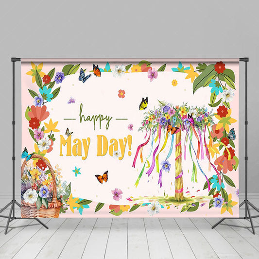 Lofaris Spring Colorful Basket Floral Happy May Day Backdrop
