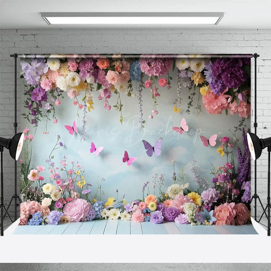 Lofaris Spring Colorful Floral Butterfly Cake Smash Backdrop