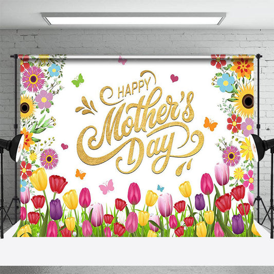 Lofaris Spring Colorful Tulip Gold Happy Mothers Day Backdrop
