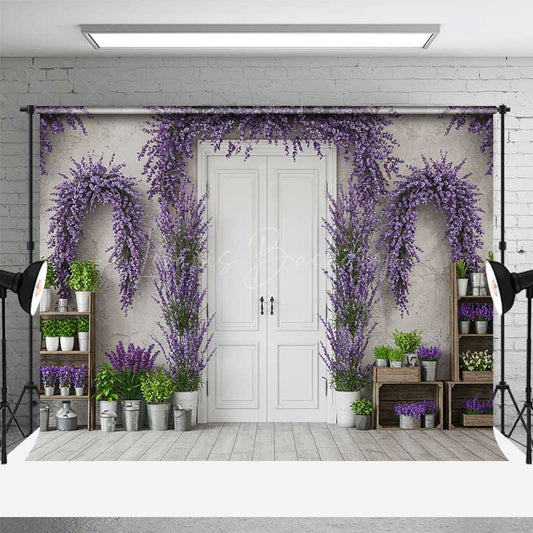 Lofaris Spring Doorway Photography Backdrop Purple Lavender and Rustic White Door French Countryside Studio Photo Prop