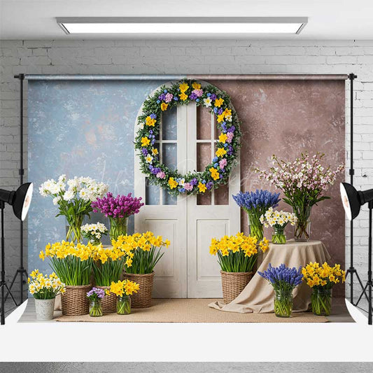 Lofaris Spring Doorway Photography Backdrop White Door with Daffodil Wreath Colorful Easter Floral Photo Studio Prop
