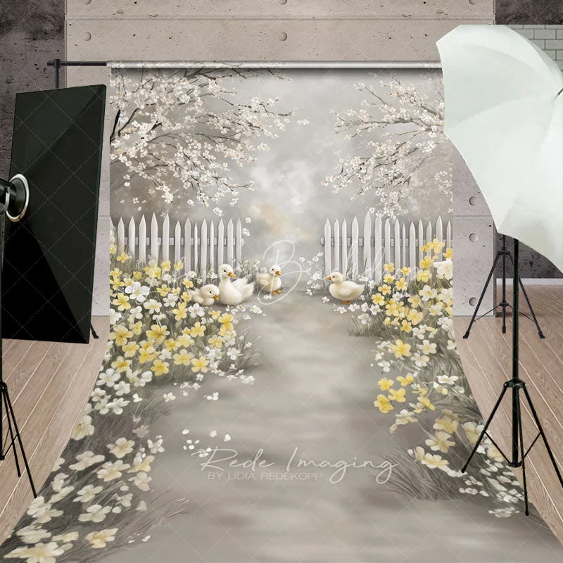 Lofaris Spring Ducklings Garden Path Backdrop White Fence and Yellow Flowers Blossom Scene Farm Animals Background
