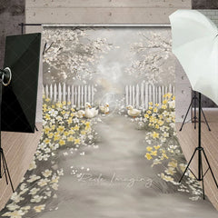 Lofaris Spring Ducklings Garden Path Backdrop White Fence and Yellow Flowers Blossom Scene Farm Animals Background