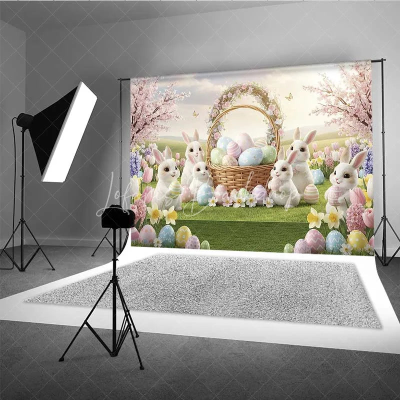 Lofaris Spring Easter Backdrop White Bunnies Flower Basket Colorful Eggs Photography Background Kids Holiday Decoration