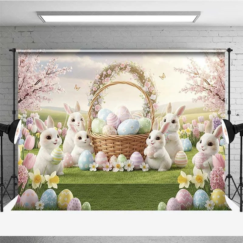 Lofaris Spring Easter Backdrop White Bunnies Flower Basket Colorful Eggs Photography Background Kids Holiday Decoration