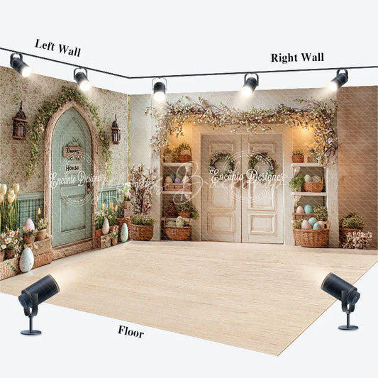 Lofaris Spring Easter Bunny House Room Set Backdrop Floral Door Pastel Eggs Studio Photography Background