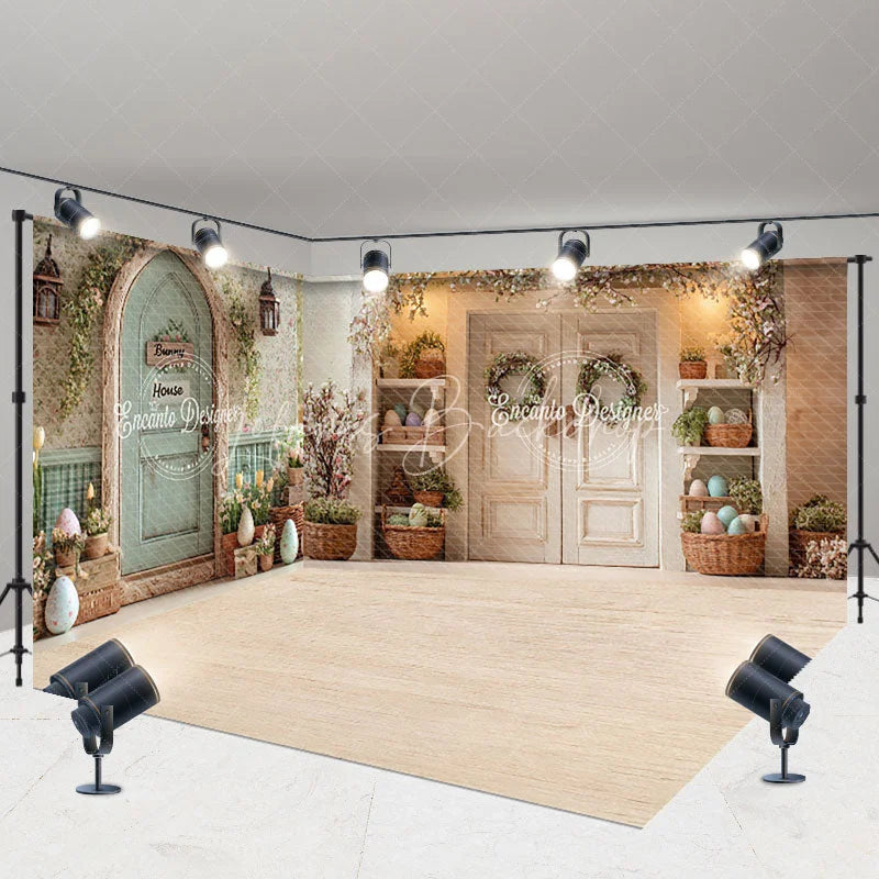 Lofaris Spring Easter Bunny House Room Set Backdrop Floral Door Pastel Eggs Studio Photography Background