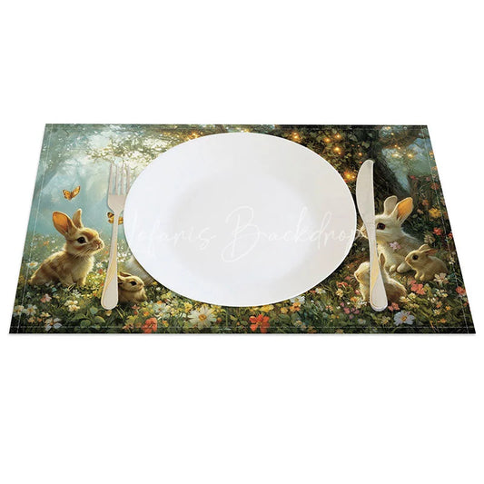 Lofaris Spring Easter Bunny Set of 4 Placemats Rabbits in Green Forest Enchanted Garden Holiday Table Mats