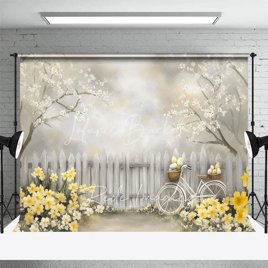 Lofaris Spring Easter Egg Bicycle Backdrop Yellow Daffodils and White Fence Photography Background for Party