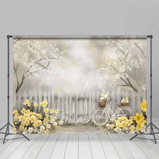 Lofaris Spring Easter Egg Bicycle Backdrop Yellow Daffodils and White Fence Photography Background for Party