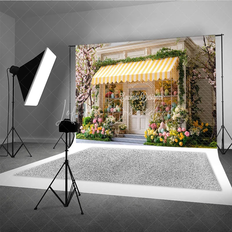 Lofaris Spring Easter Egg Storefront Photography Backdrop Yellow Striped Awning and Tulips Studio Background