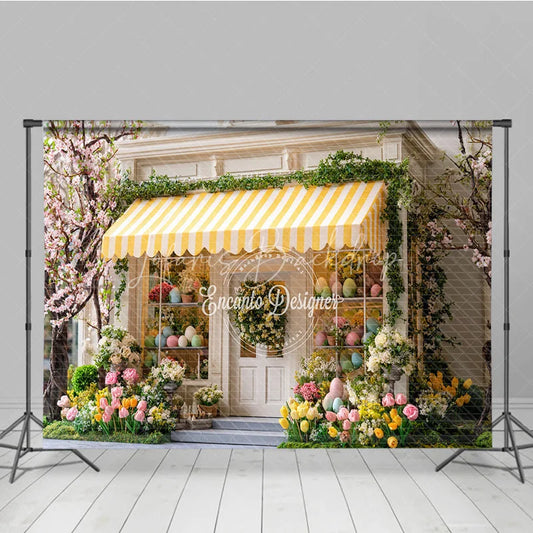 Lofaris Spring Easter Egg Storefront Photography Backdrop Yellow Striped Awning and Tulips Studio Background