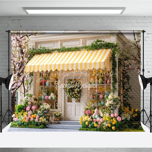Lofaris Spring Easter Egg Storefront Photography Backdrop Yellow Striped Awning and Tulips Studio Background