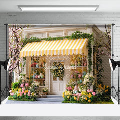 Lofaris Spring Easter Egg Storefront Photography Backdrop Yellow Striped Awning and Tulips Studio Background