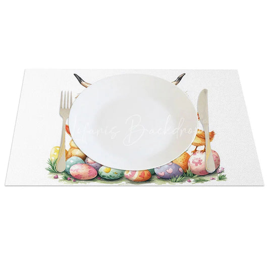Lofaris Spring Easter Highland Cow Set of 4 Placemats Cute Chicks Colorful Eggs Table Mats Holiday Party Dining Room Decor