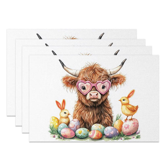 Lofaris Spring Easter Highland Cow Set of 4 Placemats Cute Chicks Colorful Eggs Table Mats Holiday Party Dining Room Decor