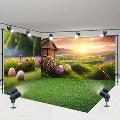 Lofaris Spring Easter Room Set Backdrop Sunset Farm Barn Eggs Green Grass Background Nature Scenery Photography Prop