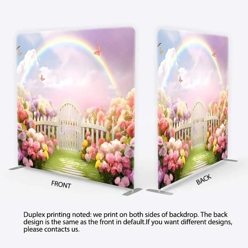 Lofaris Spring Fairy Garden Tension Fabric Backdrop Rainbow and White Picket Fence Flower Party Decorations