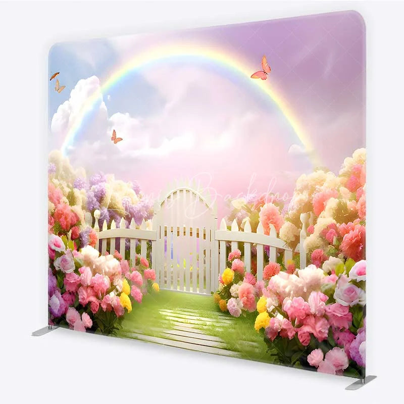 Lofaris Spring Fairy Garden Tension Fabric Backdrop Rainbow and White Picket Fence Flower Party Decorations