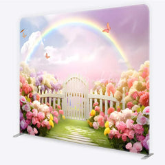 Lofaris Spring Fairy Garden Tension Fabric Backdrop Rainbow and White Picket Fence Flower Party Decorations