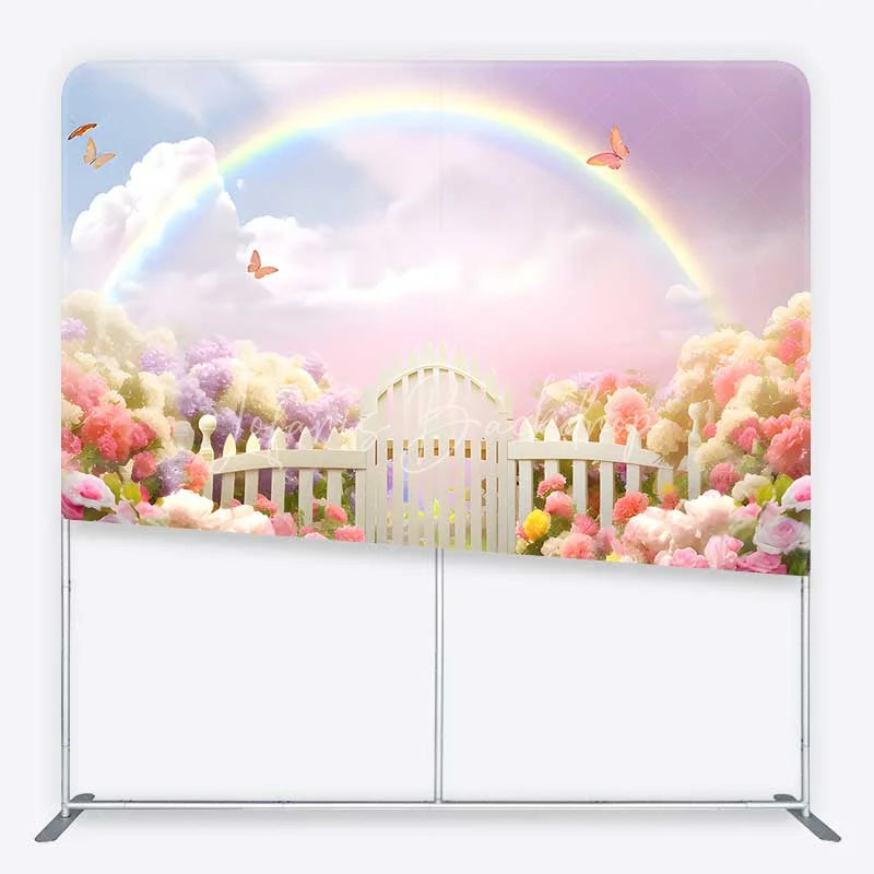 Lofaris Spring Fairy Garden Tension Fabric Backdrop Rainbow and White Picket Fence Flower Party Decorations
