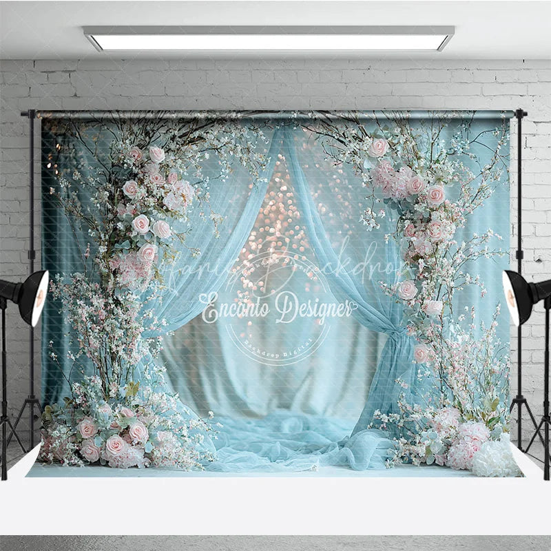 Lofaris Spring Floral Arch Photography Backdrop Blue Drapes with Pink Roses Bokeh Lights Wedding Photo Background