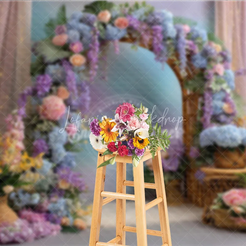 Lofaris Spring Floral Arch Photography Backdrop Purple and Pink Hydrangea Elegant Wedding or Garden Party Background