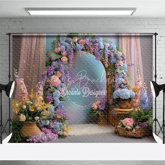 Lofaris Spring Floral Arch Photography Backdrop Purple and Pink Hydrangea Elegant Wedding or Garden Party Background