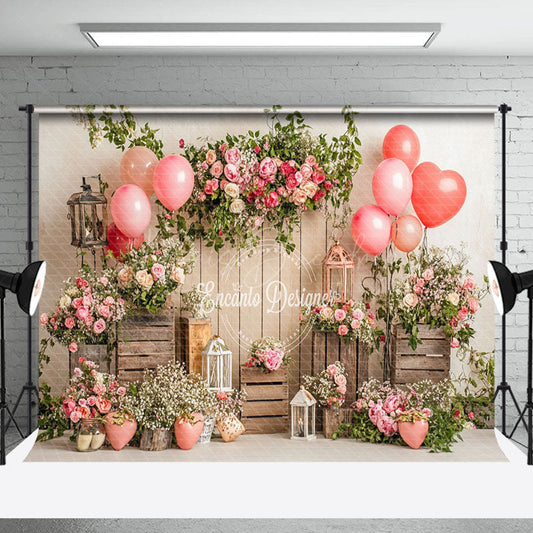 Lofaris Spring Floral Balloons Wood Valentines Day Backdrop