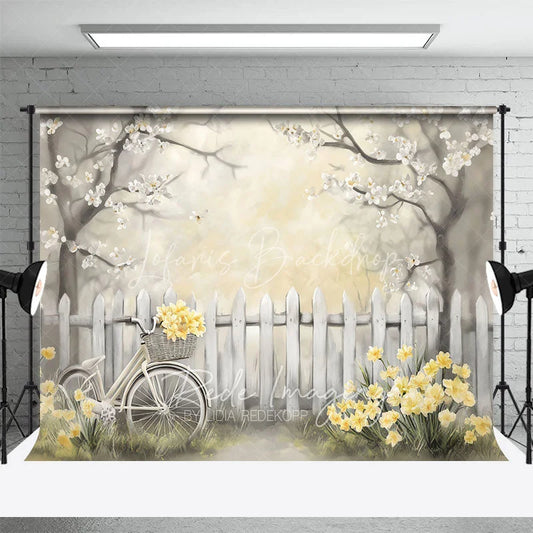 Lofaris Spring Floral Bicycle Backdrop White Fence and Yellow Flowers Photography Background for Bridal Shower Event