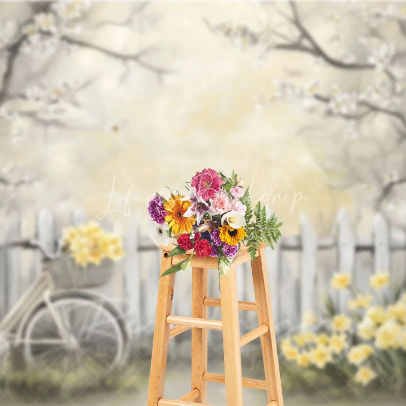 Lofaris Spring Floral Bicycle Backdrop White Fence and Yellow Flowers Photography Background for Bridal Shower Event