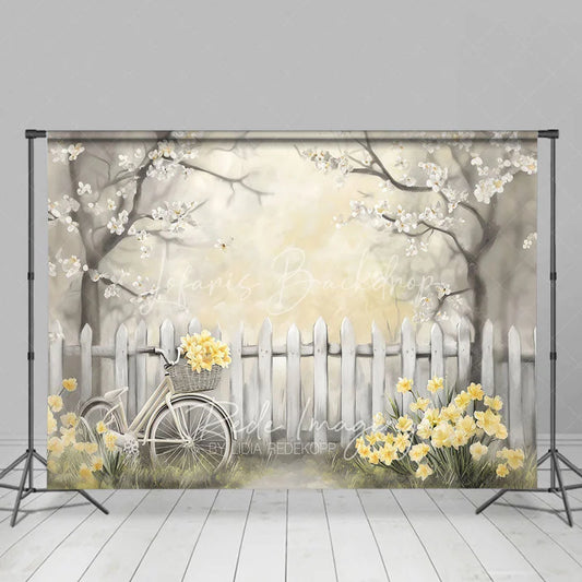 Lofaris Spring Floral Bicycle Backdrop White Fence and Yellow Flowers Photography Background for Bridal Shower Event