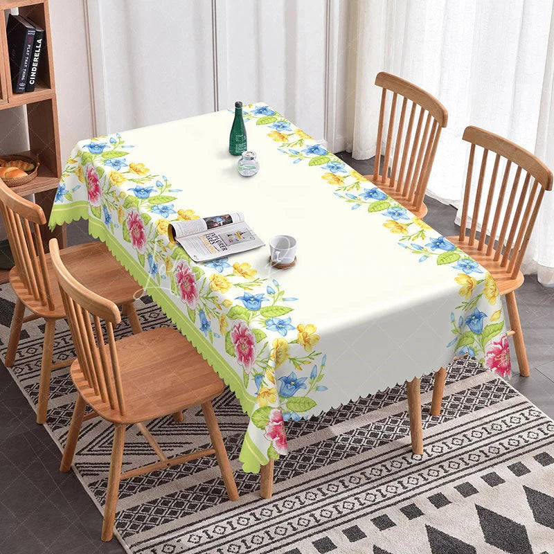 Lofaris Spring Floral Border Rectangle Tablecloth Yellow Blue Flowers White Center Garden Party Dining Table Cover Decoration