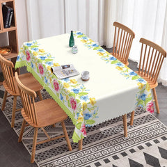 Lofaris Spring Floral Border Rectangle Tablecloth Yellow Blue Flowers White Center Garden Party Dining Table Cover Decoration