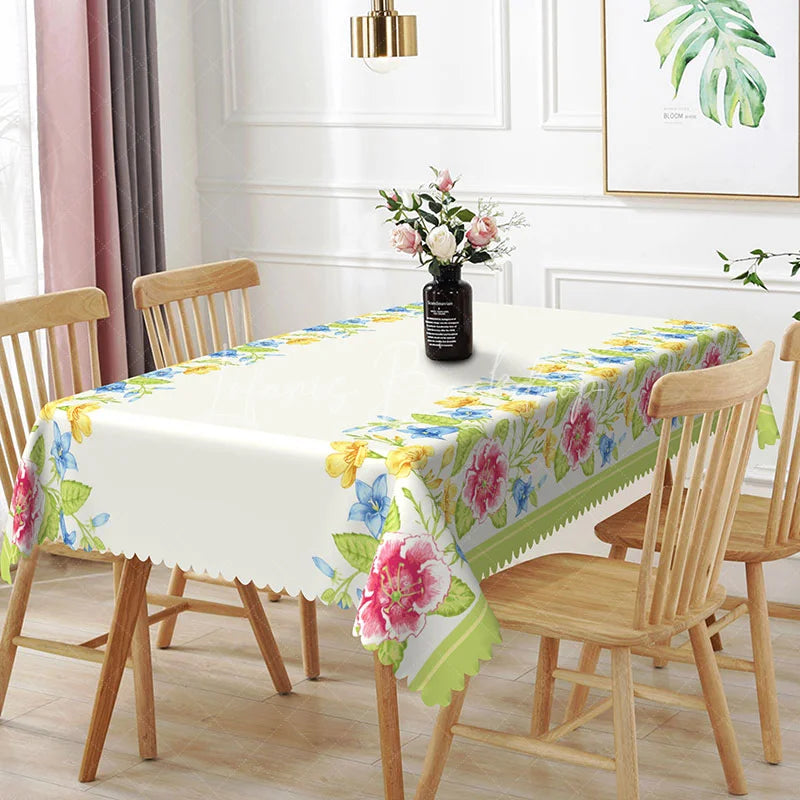 Lofaris Spring Floral Border Rectangle Tablecloth Yellow Blue Flowers White Center Garden Party Dining Table Cover Decoration