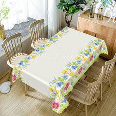 Lofaris Spring Floral Border Rectangle Tablecloth Yellow Blue Flowers White Center Garden Party Dining Table Cover Decoration