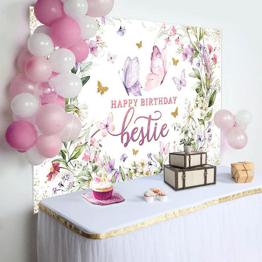 Lofaris Spring Floral Butterfly Happy Birthday Bestie Backdrop