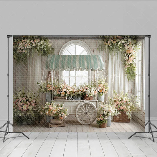 Lofaris Spring Floral Cart Indoor Photography Backdrop Green Striped Awning and Peach Blossoms Studio Background