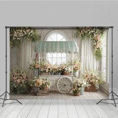 Lofaris Spring Floral Cart Indoor Photography Backdrop Green Striped Awning and Peach Blossoms Studio Background