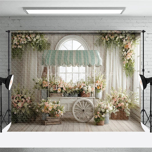 Lofaris Spring Floral Cart Indoor Photography Backdrop Green Striped Awning and Peach Blossoms Studio Background