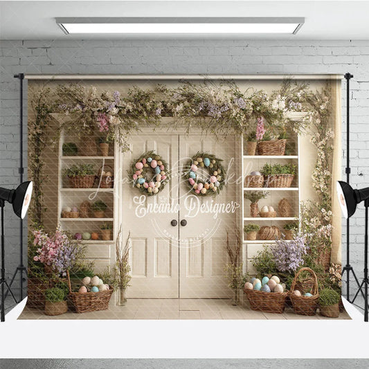 Lofaris Spring Floral Garland Easter Photography Backdrop Pastel Egg Wreaths and Basket Shelves Studio Background