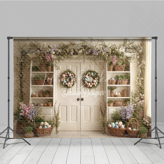 Lofaris Spring Floral Garland Easter Photography Backdrop Pastel Egg Wreaths and Basket Shelves Studio Background