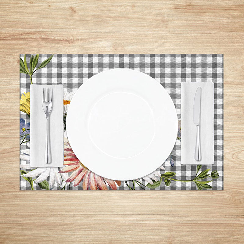 Lofaris Spring Floral Grey and White Plaid Set of 4 Placemats for Farmhouse Kitchen Garden Party Table Decor