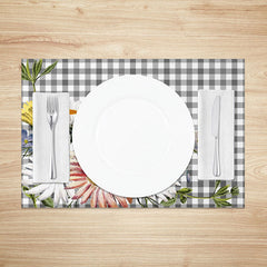 Lofaris Spring Floral Grey and White Plaid Set of 4 Placemats for Farmhouse Kitchen Garden Party Table Decor