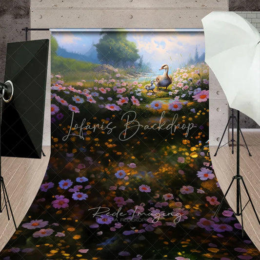 Lofaris Spring Floral Meadow Duck Backdrop Pink Flowers River Magic Sunlight Nature Photography Background for Portrait
