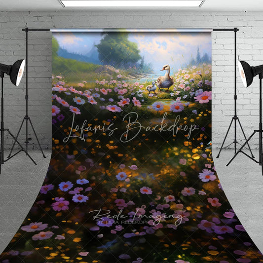 Lofaris Spring Floral Meadow Duck Backdrop Pink Flowers River Magic Sunlight Nature Photography Background for Portrait